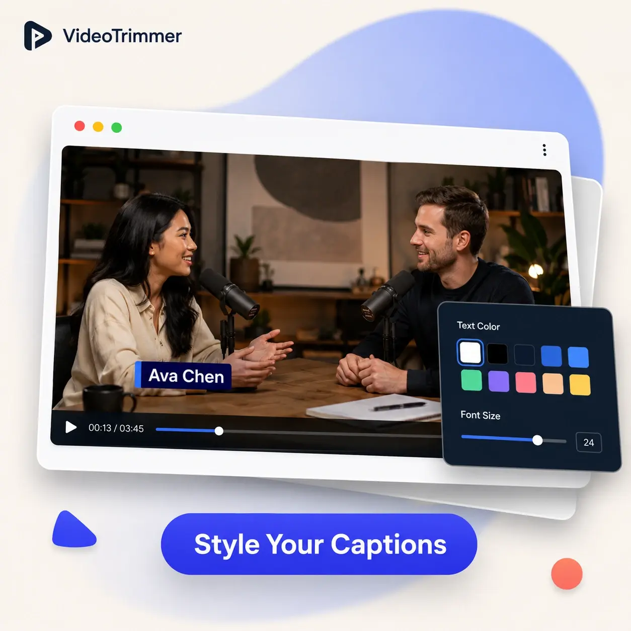 Video text editor styling a caption for readability over footage