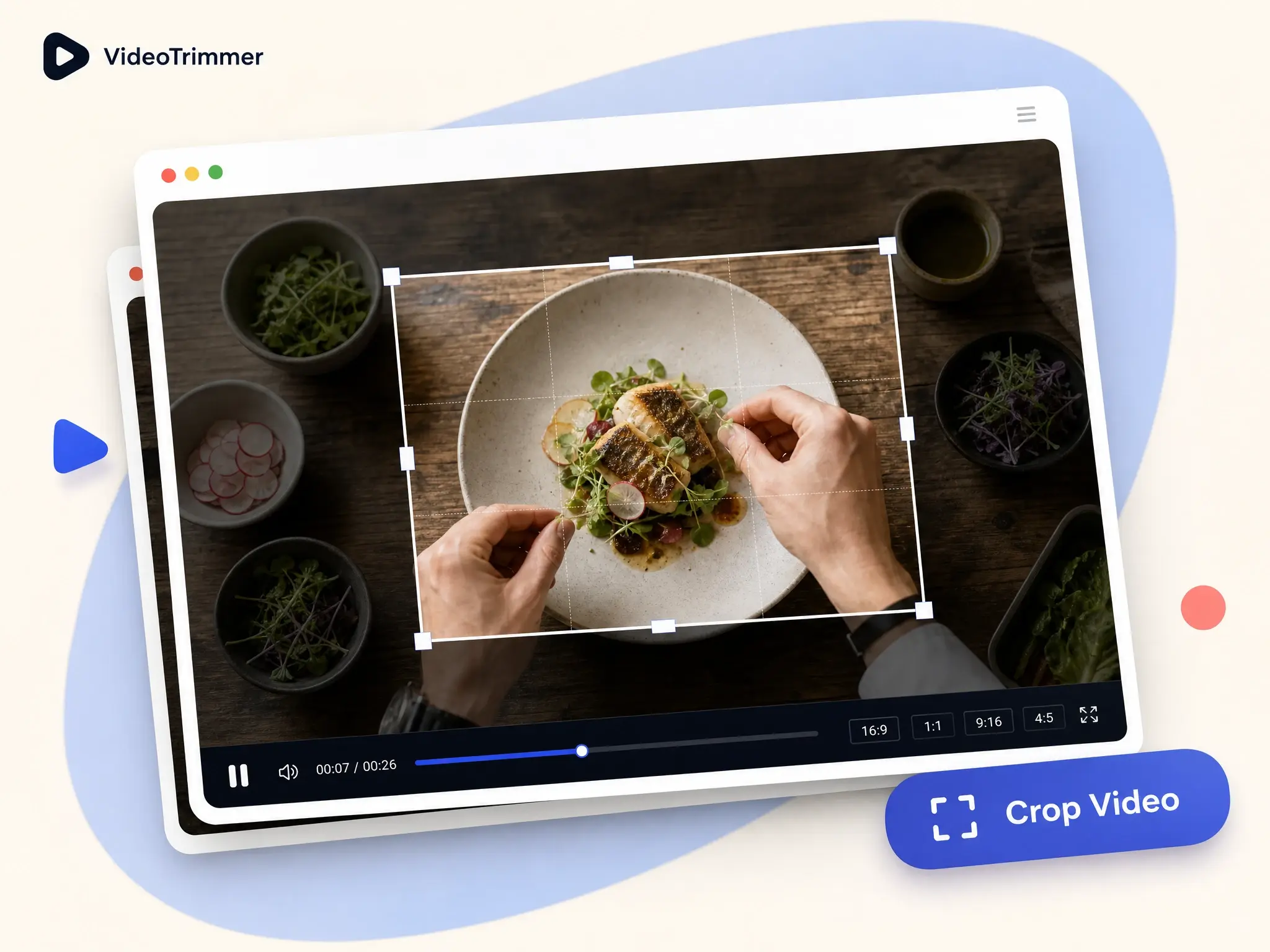 Crop video online interface with a draggable frame selecting part of a clip