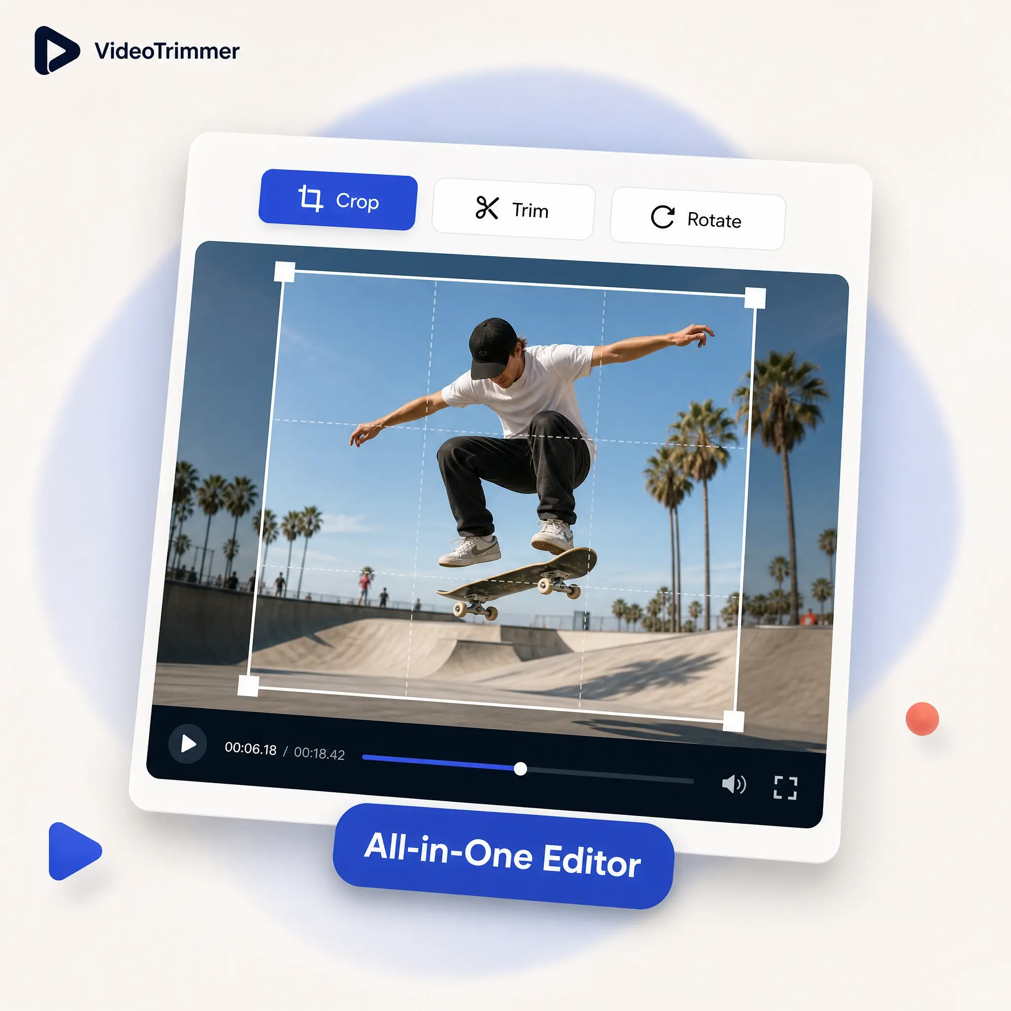 Video cropper combined with trim and rotate in one editor