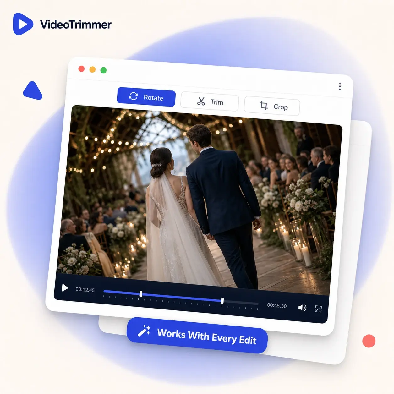 Rotate video tool combined with trim and crop in one editor