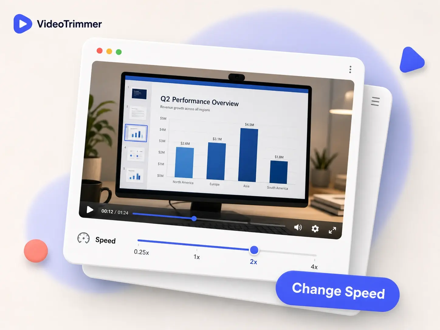 Video speed changer interface playing a clip faster with a speedometer control