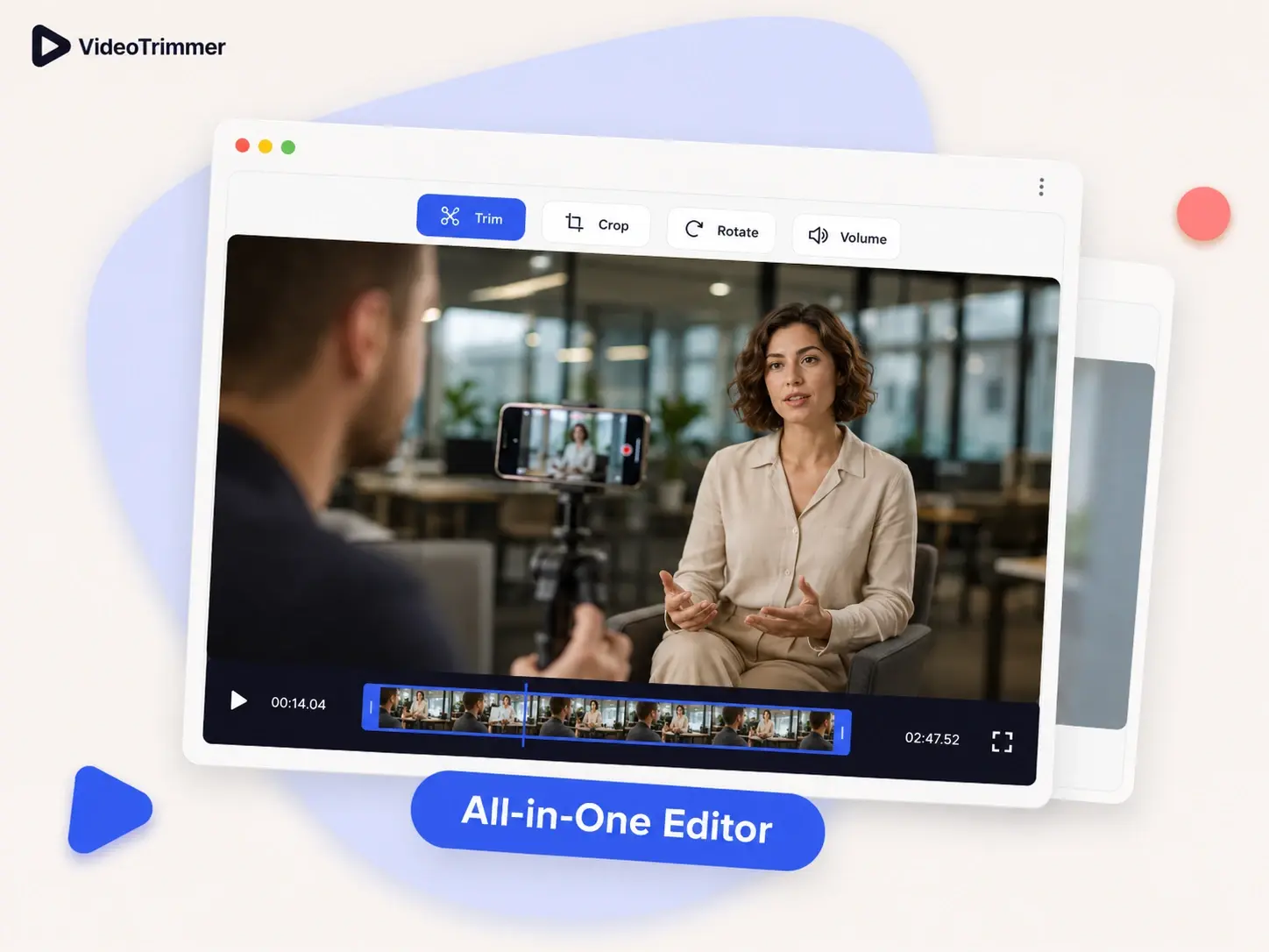 Online video editor interface with a toolbar of trim, rotate, crop, and volume tools
