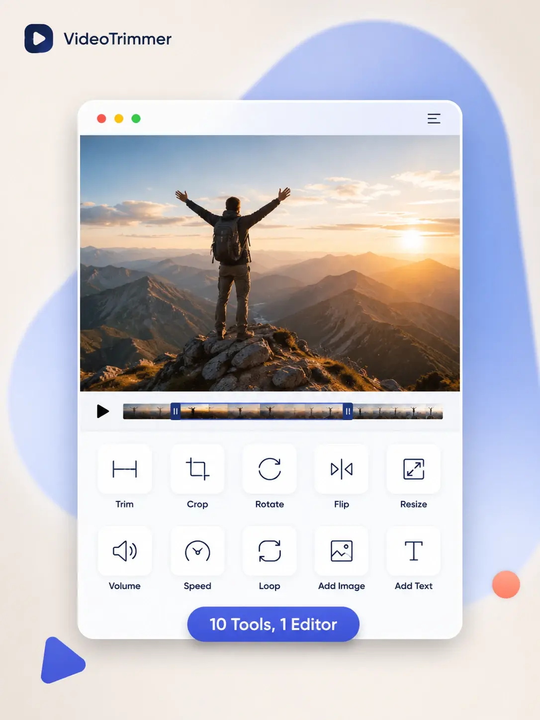 Video editor toolbar with trim, crop, rotate, flip, resize, volume, speed, loop, image, and text tools